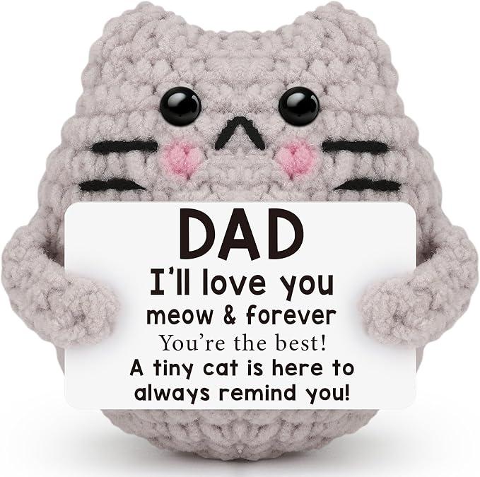 Fathers Day Dad Gifts from Son Daught Wife, Positive Crochet Animal Birthday Gifts for Bonus Dads Step,I Love You Dad Gift Idea,Handmade Emotional Crochet Cat