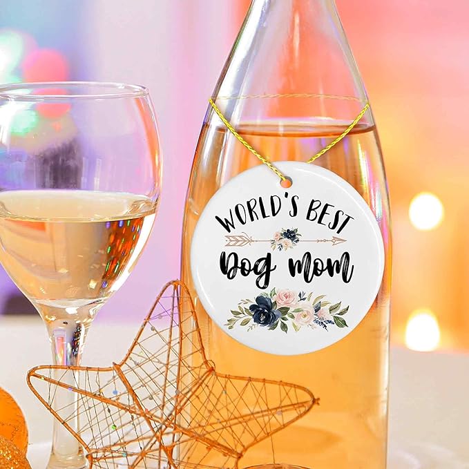 World's Best Dog Mom Ceramic Ornaments Gifts, Dog Mother Round Hanging Ornament Decor Decorations for Christmas Tree Car, Thank You Appreciation Gifts for Dog Lovers Women Birthday Holiday