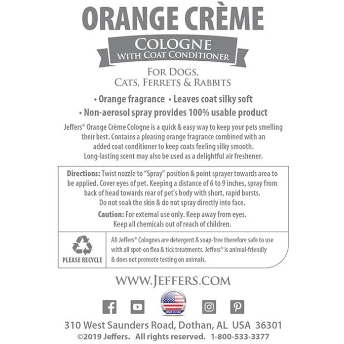 Jeffers Pet Cologne Spray with Coat Conditioner for Dogs & Cats, Orange Creme - Detergent & Soap Free Grooming Fragrance Mist, Deodorizer, Freshener, Safe for Pets, Salon, Home Use - 16 oz