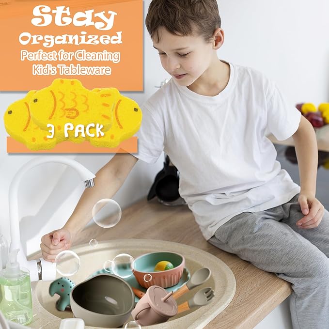 3 Pcs Cute Compressed Wood Pulp Cotton Sponges, Fish Animal-Shaped Reusable and Highly Absorbent for Dishwashing, Kitchen Surfaces, and Bathroom Cleaning