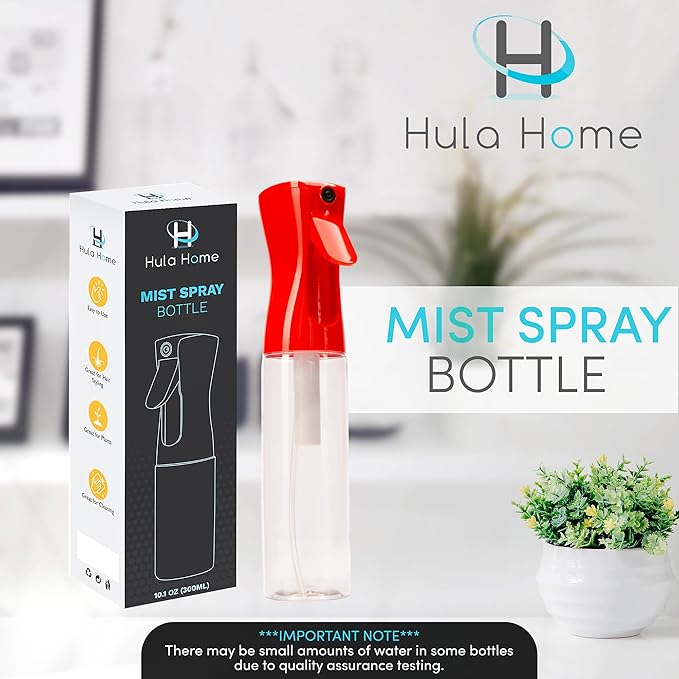 Hula Home Spray Bottle for Hair (10.1oz/300ml) - Powered by Flairosol® Spray Technology - Continuous Ultra Fine Mist Sprayer for Hairstyling, Cleaning, Salons, Plants, Essential Oil & More - Red/Clear