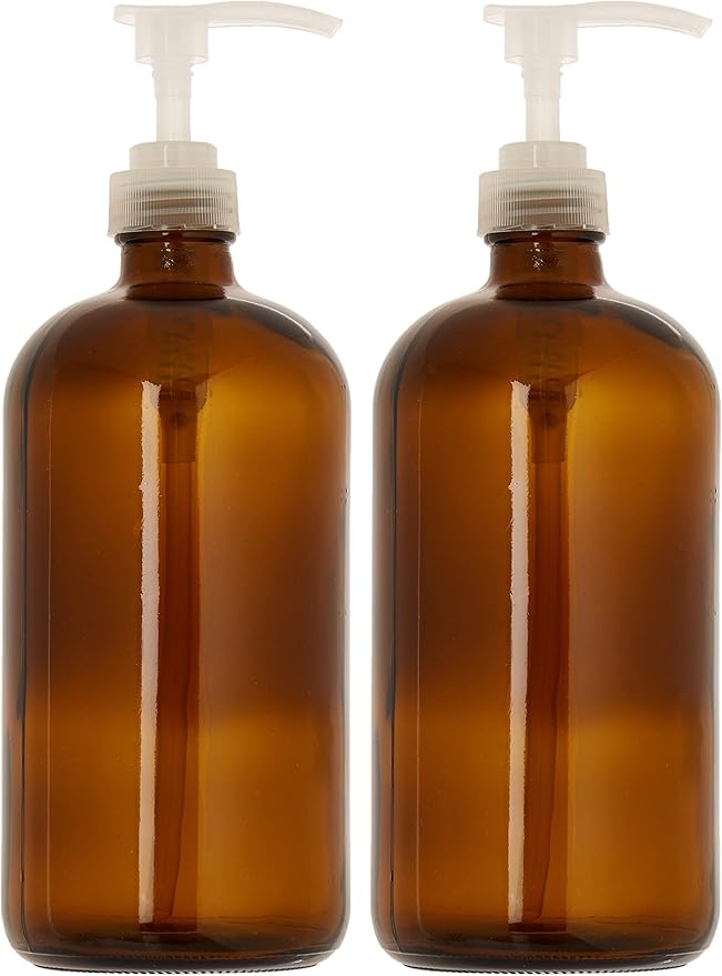 kitchentoolz 32 Ounce Large Amber Glass Boston Round Bottles w/Natural Color Pumps. Great for Lotions, Soaps, Laundry Detergent and Essential Oils - Food Safe and Medical Grade (Pack of 2)