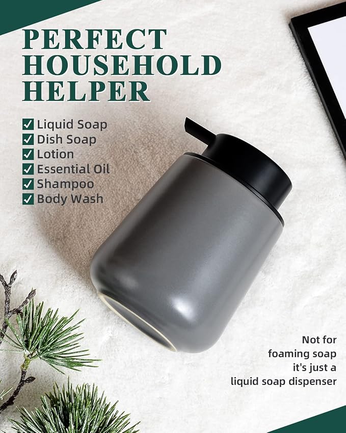 BosilunLife Grey Lotion Dispenser - Modern Ceramic Soap Dispenser Bathroom 12 oz Bottles Lotion Hand Pump Dispenser Black Pump Dish Liquid Dispenser for Kitchen Hand Wash Dispenser