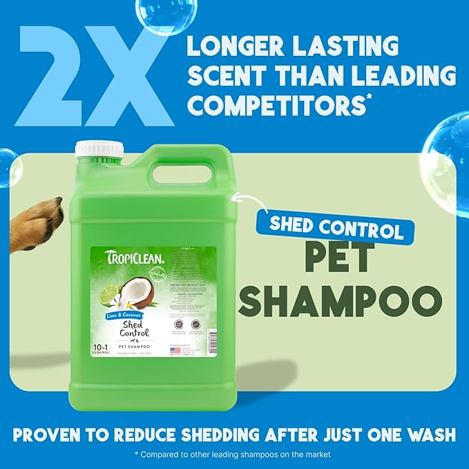 TropiClean Deshedding Dog Shampoo, Professional Dog Shampoo, Fast-Acting Shedding Control, Puppy Safe, Made in USA, Lime & Coconut Scent, 2.5 Gal