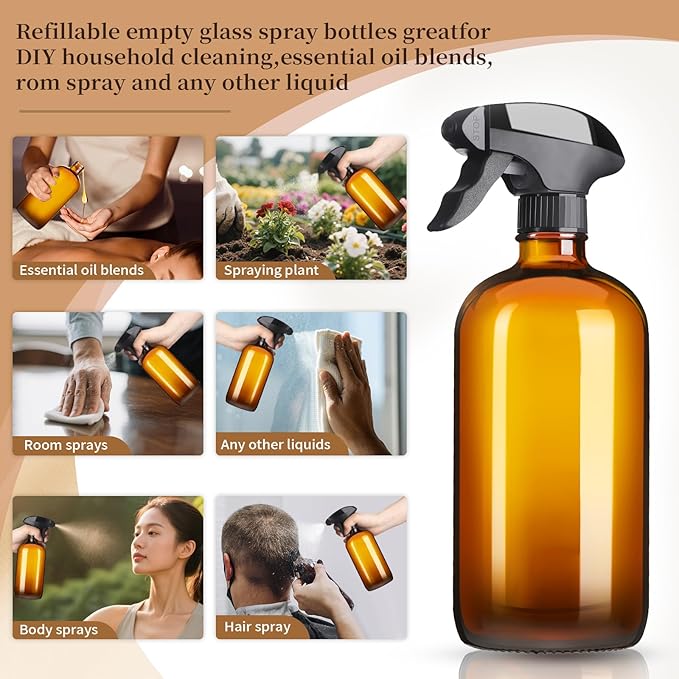 Vitreaux 16oz Amber Glass Spray Bottles,2 Pack Glass Spray Bottles Refillable Empty Bottle with Adjustable Nozzle,Spray Bottle for Essential Oils,Cleaning,Pets,Hair Mister