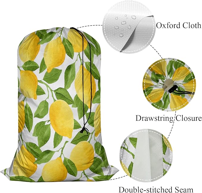 Swono Watercolor Lemons Laundry Bag with Strap Machine Washable Large Dirty Clothes Organizer Green Leaves Botanical Easy Fit Laundry Hamper or Basket, Carry Up to 4 Loads of Laundry, Yellow