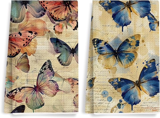 2 Pcs Vintage Butterfly Kitchen Towels, Rustic Decorative Absorbent Microfiber Dish Cloth Tea Towel, Artistic Waffle Soft Hand Towels for Farmhouse Home Bathroom, Butterfly Gifts