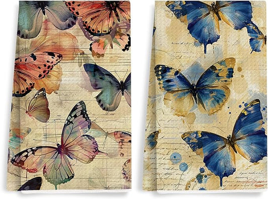 2 Pcs Vintage Butterfly Kitchen Towels, Rustic Decorative Absorbent Microfiber Dish Cloth Tea Towel, Artistic Waffle Soft Hand Towels for Farmhouse Home Bathroom, Butterfly Gifts