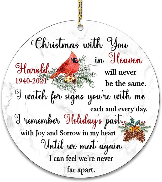 HYTURTLE Personalized Memorial Sympathy Christmas Ornament Tree Decor Gifts for Family Loss of Loved One Mom Dad Husband in Heaven - Cardinal Heaven Joy Sorrow Custom Name Acrylic Circle Ornament