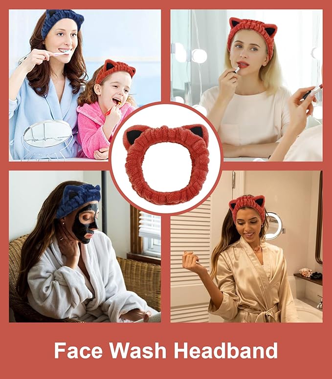 Huachi 2 Packs Cute Cat Spa Headband for Washing Face Makeup Skincare, Animal Headbands for Women Girls Trendy Stuff Gifts Soft Coral Fleece Facial Wash Hair Accessories (Blue + Red)