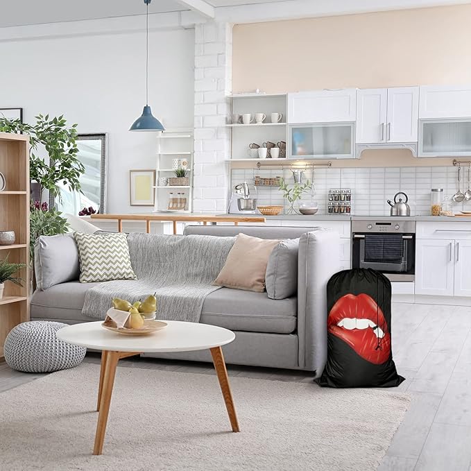 Swono Sexy Red Lip Laundry Bags With Drawstring XL Travel Storage Bags 28"x40", Heavy Duty Multi Use, White Teeth Washable Dirty Clothes Organizer, Easy Fits Laundry Hamper Basket, Oxford Cloth, Black