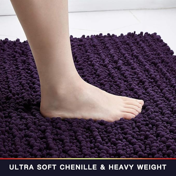 Walensee Large Bathroom Rug Non Slip Bath Mat (24x60 Inch Dark Purple) Water Absorbent Super Soft Shaggy Chenille Machine Washable Dry Extra Thick Perfect Absorbant Best Plush Carpet for Shower Floor
