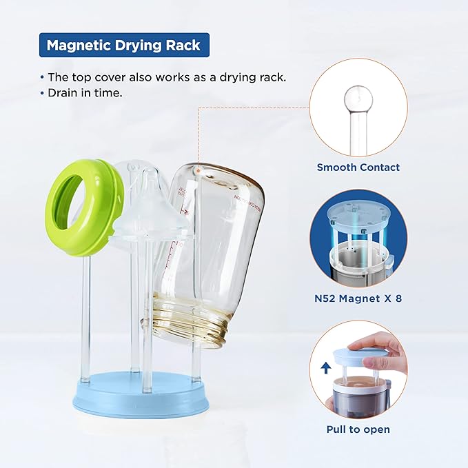 YOTIME Travel Bottle Brush Set, 6 in 1 Bottle Cleaning Kit with Silicone Bottle Brush, Nipple Cleaner Brush, Straw Brush, Soap Dispenser, Bottle Drying Rack and Storage Box, Blue