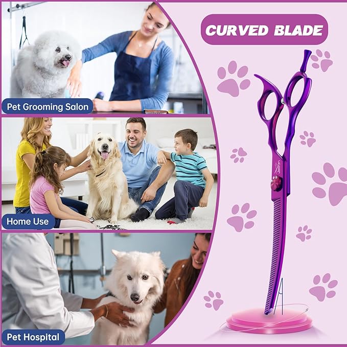 JASON Curved Thinner Dog Scissors - 7” Ergonomic Pet Scissor Purple Curved Thinning Dog Shear 440C Stainless Steel Grooming Shears Professional Pet Shears For Groomer (52-Teeth, Up-curved)