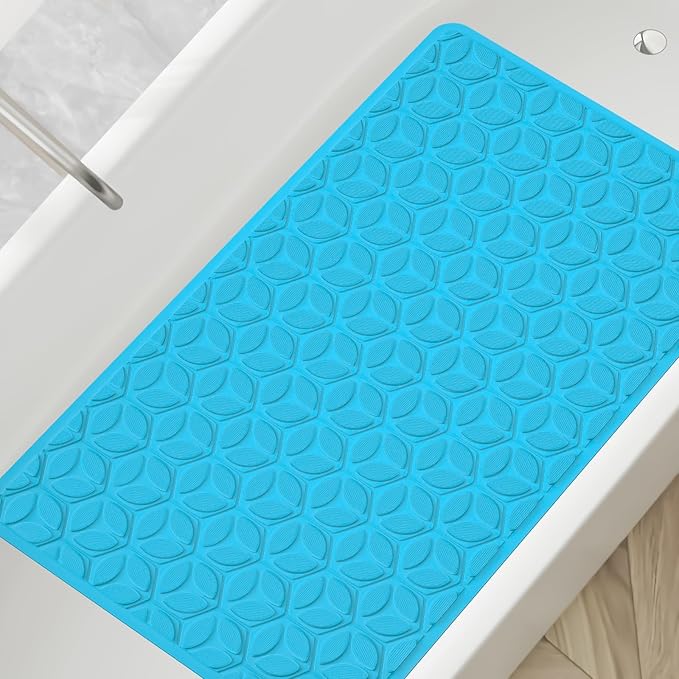 WRISIN Bathtub Mat Non Slip with Suction Cups - 100% Rubber Bathroom Mat Textured for Bath Tub Shower Safety - Soft on Touch - BPA/PVC Free - Pet Dog Bath Mat - Machine Washable - 16 × 28 Inch（R Blue）
