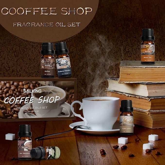 SALKING Coffee Shop Fragrance Oils Set, Premium Essential Oils Set for Diffuser, Scented Oil for Soap & Candle Making - Blueberry Pancakes, Coffee, Café Latte, Hot Chocolate, French Vanilla, Black Tea