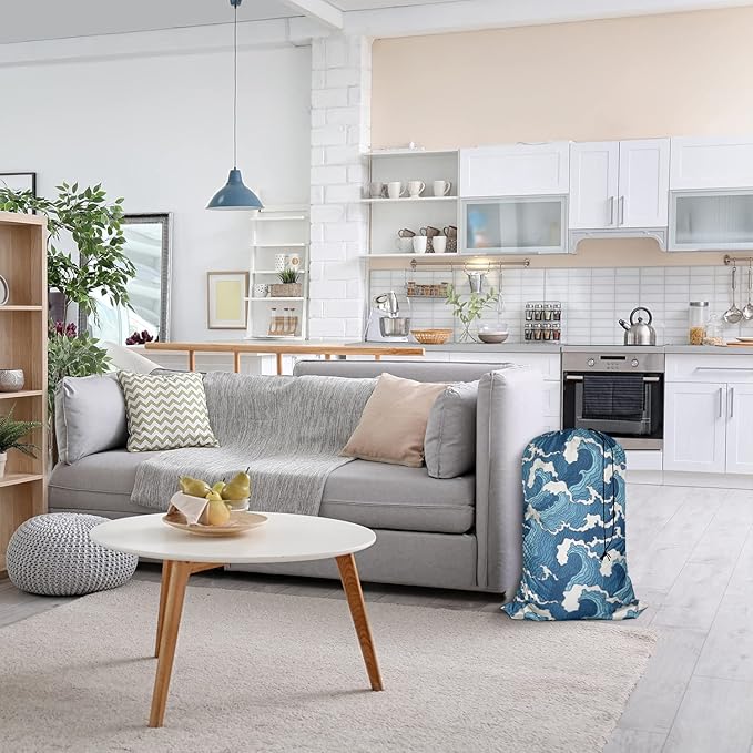 Swono Wave Large Collapsible Laundry Bag - Surf Sea Cartoon Blue White Foldable Hamper, Football Grid Oxford Cloth, Holds 4 Loads, Ocean Theme