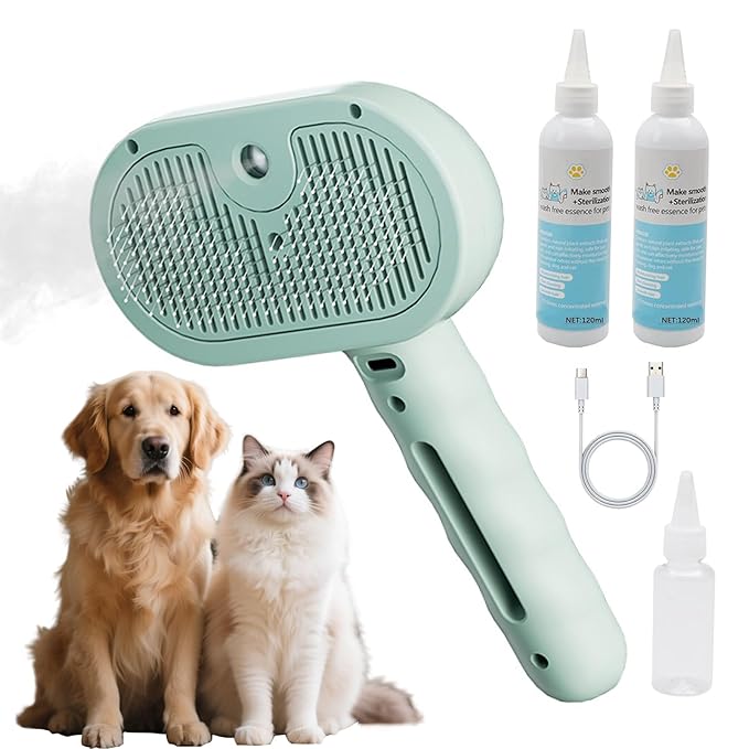Pet Steam Brush for Dogs & Cats - 2-in-1 Deshedding & Detangling Tool with Steam Spray, Anti-Static Grooming Brush for Long/Short Haired Pets, Waterless Cleaning & Massage(Green)