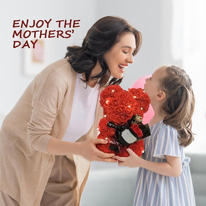 Romantic Valentines Day Gift for Her Rose Artificial Flower Rose Teddy Bear for Wife, Girlfriend Mother Daugther Women. Blind Box Gift for Christmas Birthday Wedding Anniversary (Red Bear)