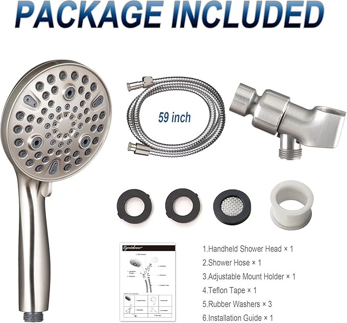 High Pressure Handheld Shower Head, 10-Setting Showerhead, 4.7”Detachable Showerhead Set with 5ft Hose, Adjustable Bracket and Built-in Power Wash to Clean Tub, Tile & Pets - Brush Nickel