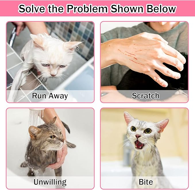 JULMELON Cat Washing Bag 10 PCS Set, Adjustable Cat Shower Net Bag and Pet Grooming Brush with Nail Clipper Nail File Hair Combs Tick Tool Nail Caps for Bathing Nail Trimming Examination(Pink+Grey)