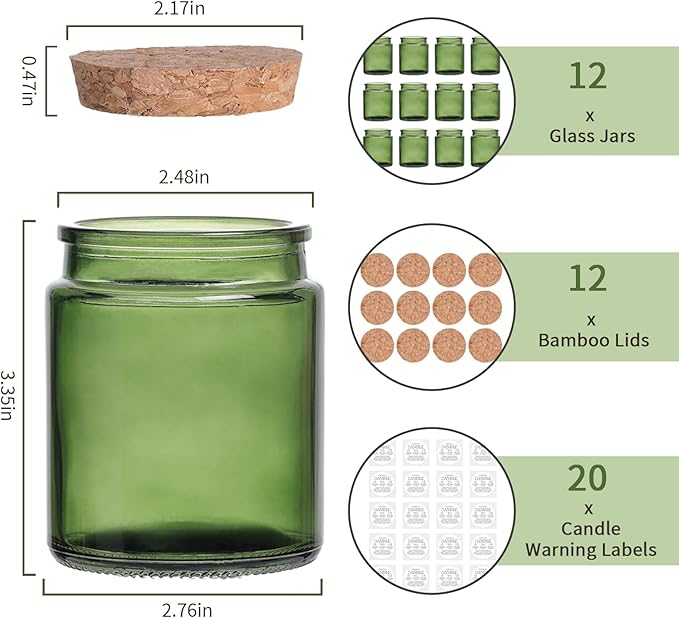 12Pcs Green Candle Jars for Making Candles, 7.5oz Glass Jars with Wooden Lids and Labels, Candle Containers for DIY, Gifts, Candles Making Supplies, Table Decor