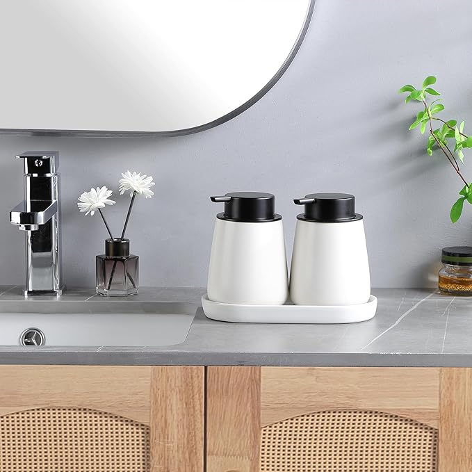 12Oz White Foam Soap Dispenser - Ceramic Foaming Hand Soap Dispenser Set with Easy-to-Press Pump, Refillable Liquid Dish Soap Dispensers for Bathroom and Kitchen, 2 Pack