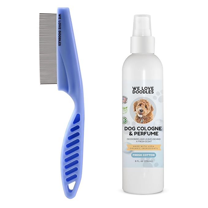 We Love Doodles Flea Comb for Dogs and Dog Cologne & Perfume | Dog Face Comb | Fine Tooth Tear Stain Remover Metal Comb | Odor Eliminator Spray Puppies | Long Lasting After Bath | MADE in USA