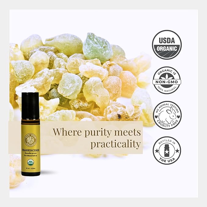 Silk Road Organic Frankincense Serrata Essential Oil Roll on, USDA Certified, Deep Relief of Body Aches & Discomfort - 10 ml Aromatherapy Roller