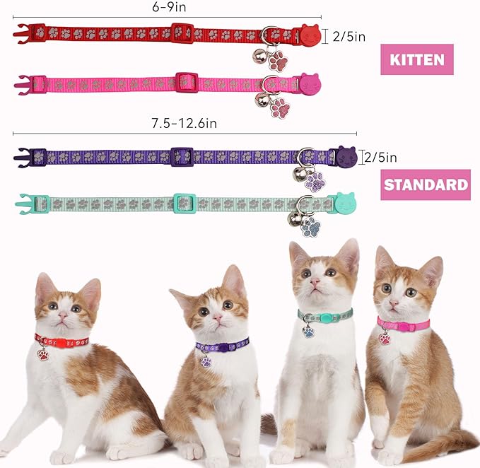 4PCS Breakaway Cat Collars,Reflective Cat Collar with Bells,Kitten Collars for Boy&Girl Cats Breakaway Collar for Cats with Paw Pendant 6-9 Inch(Purple+Hotpink+Red+Teal)