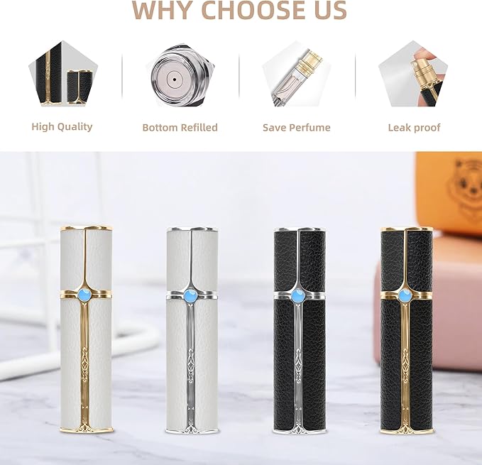 CF00WHS Leather Perfume Bottle 5ml – Bottom-Fill Refillable Dispenser, Leak-Proof & Portable for Men & Women, Ideal for Travel, Gifting & Daily Use (CF00WHS)