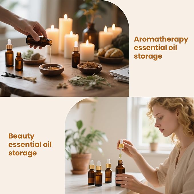 28 Pack 2oz Amber Glass Dropper Bottles with Gold Lids, Funnels, Droppers, Extra Caps & Labels – Leakproof, UV Resistant 60ml Empty Bottle for Tinctures, Essential Oils, Beard & Hair Oils