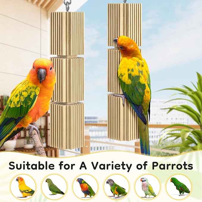 2 Pcs Bird Chew Toys, Natural Hanging Parrot Foraging Beak Grinding Wood Blocks, Birds Cage Accessories for Quaker, Caique, Conure, Cockatiel, African Grey