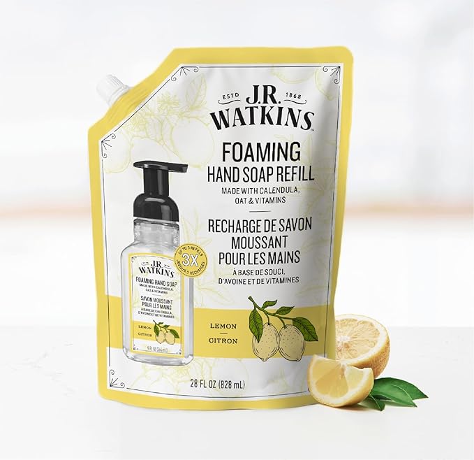 J.R. Watkins Foaming Hand Soap Refill, Moisturizing Foam Hand Wash, Formulated with Plant-Based Cleansers, Alcohol-Free, Cruelty-Free, Lemon, 28 fl oz, 2 Pack