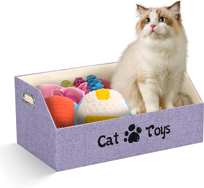 Cat Toy Basket, Kitten Toys Storage Organizer Foldable Fabric Bin Pet Supplies Chest Holder Trapezoid Container with Metal Handles for Organizing Cats Clothes Accessories, Purple