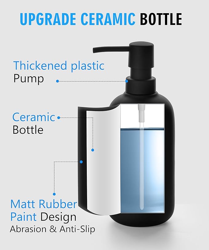 Ceramic Soap Dispenser Set - Elegant Hand Soap Pump with 4 Labels (Soap, Dishes, Lotion, Hands) - Durable & Stylish Design for Kitchen & Bathroom Decor, Refillable Liquid Soap Dispenser