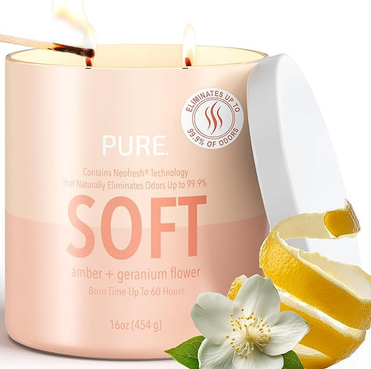 Candle-Lite Pure Amber & Geranium Flower Odor Eliminating Scented Candles, Neofresh Technology Eliminates 99.9% of Odors, 16 oz 2-Wick Jar, Proudly Poured in The USA, Up to 60 Hours Burn Time