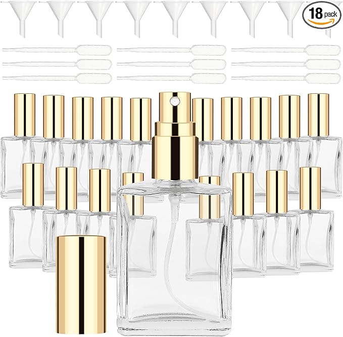 18Pcs Clear Perfume Spray Bottles,15ml Glass Perfume Atomizer,Empty Fine Mist Atomizer Sprayer, Portable Perfume Bottle with 9Droppers9 Funnels,Refillable Perfume Container for Travel(Gold)