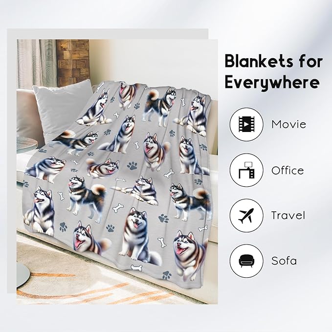 Husky Blanket for Kids Pets - Dog Theme Gifts for Dog Mom Dad - Plush Throws with Husky Print (40"x50")