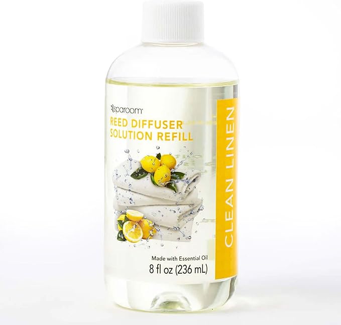 SpaRoom Reed Diffuser Oil Refill – Clean Linen Scent, 8oz Crisp and Refreshing Blend with Lemon Accents, Light and Airy Aroma for Bathroom, Bedroom, or Living Room, Long Lasting Fresh Scent