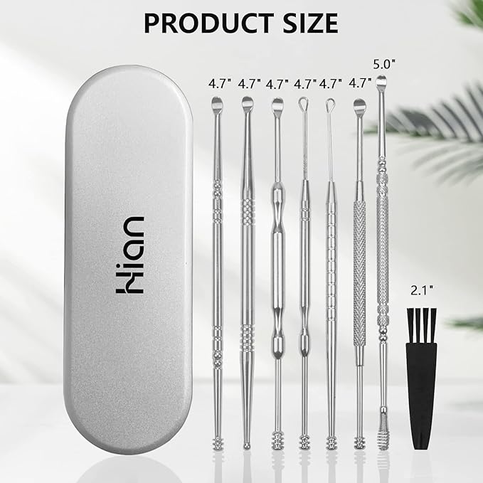 Hion 8 Pcs Ear Wax Removal Kit,Professional Double-Headed Ear Pick Earwax Removal Tools,316L Stainless Steel Ear Cleaner Curette with Cleaning Brush and Storage Box,Suit for Kid Adult(Silver)