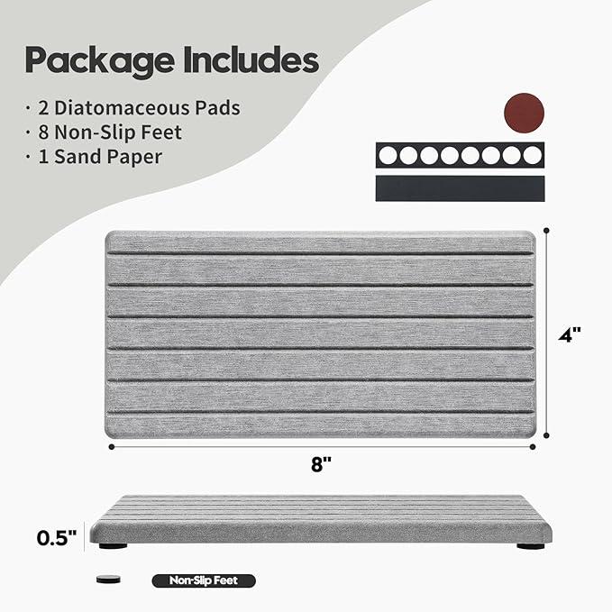 2PCS Instant Dry Diatomite Stone Counter Makeup Tray Organizer, Fast Drying Caddy Kitchen Sponge Holder Mat, Bathroom Vanity Toothbrush Bottle Dispenser Soap Dish Rack, Light Gray, 8"x 3.8"
