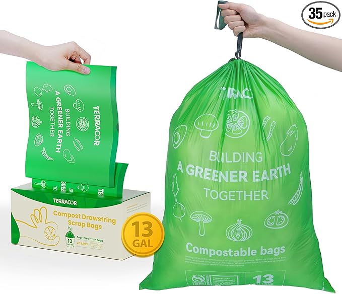 13 Gallon Compostable Trash Bags Drawstring, Heavy Duty Extra Thick 1 Mil, 35 Bags, Tall Kitchen Food Scrap Waste Bag, ASTM D6400