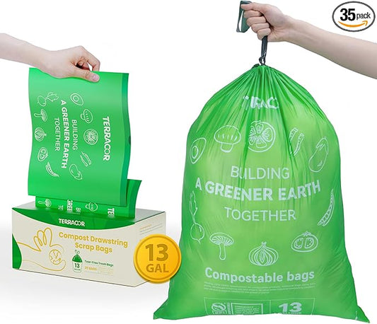 13 Gallon Compostable Trash Bags Drawstring, Heavy Duty Extra Thick 1 Mil, 35 Bags, Tall Kitchen Food Scrap Waste Bag, ASTM D6400
