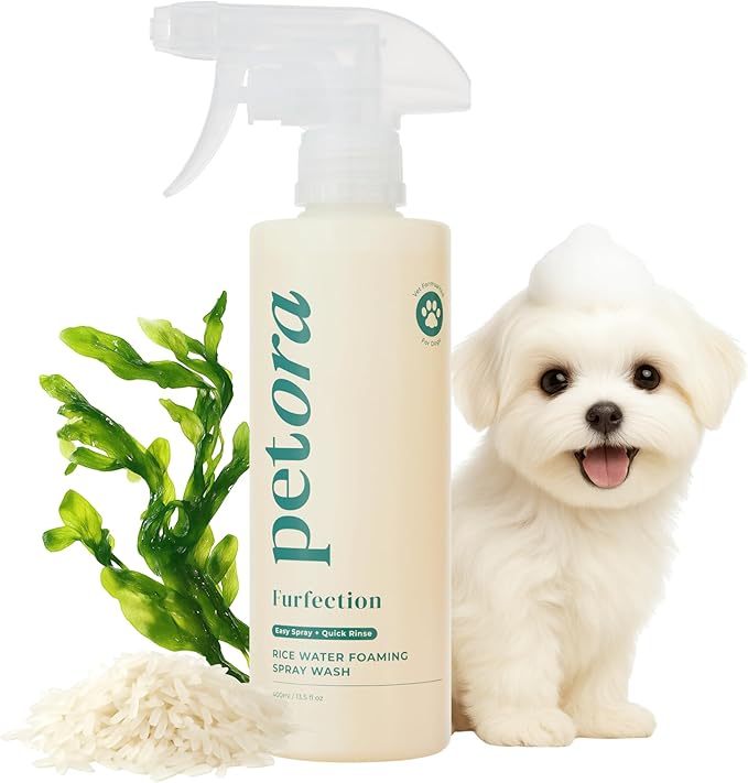 [petora] FURFECTION Rice Water Foaming Spray Shampoo for Dogs | Free of Harsh Ingredients, Fragrance | Hydrating, Deep Cleansing and Adding Shine | Plant-Based, pH-Balanced Formula (13.5 Fl Oz)