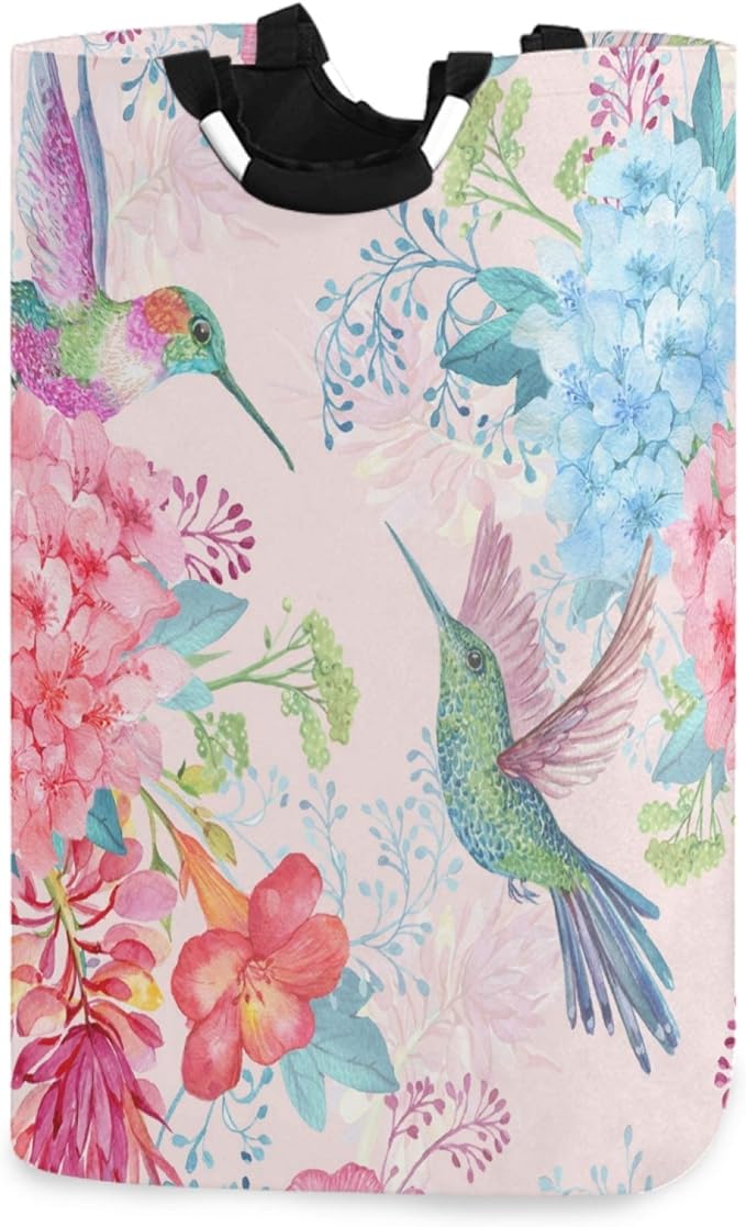 visesunny Pretty Hummingbird And Pink Flower Large Laundry Hamper with Handle Foldable Durable Clothes Hamper Laundry Bag Toy Bin for Bathroom, Bedroom, Dorm, Travel
