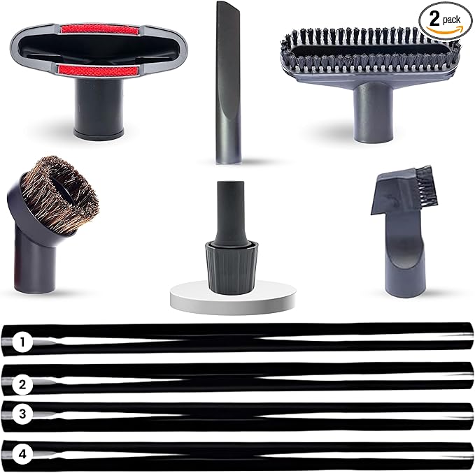 1.25 Inch Vacuum Brush Attachment Kit Compatible with All Vacuums Using 1-1/4'' Accessories - 1.25 Inch Shop Vac Accessories: Horse Hair Dust Brush, Vacuum Extension Wand and More (10 Pack)
