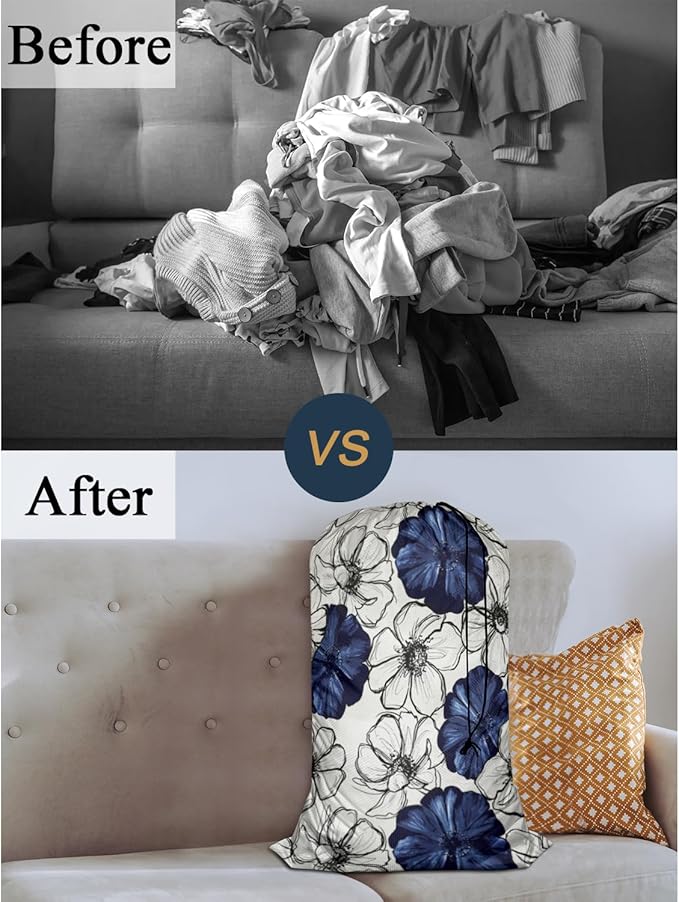 Swono Wild Flower Extra Large Huge Heavy Duty Polyester Laundry Storage Bag with Drawstring, Dark Navy Blue Floral Sketch Washable Travel Dirty Clothes Bag Hamper Liner