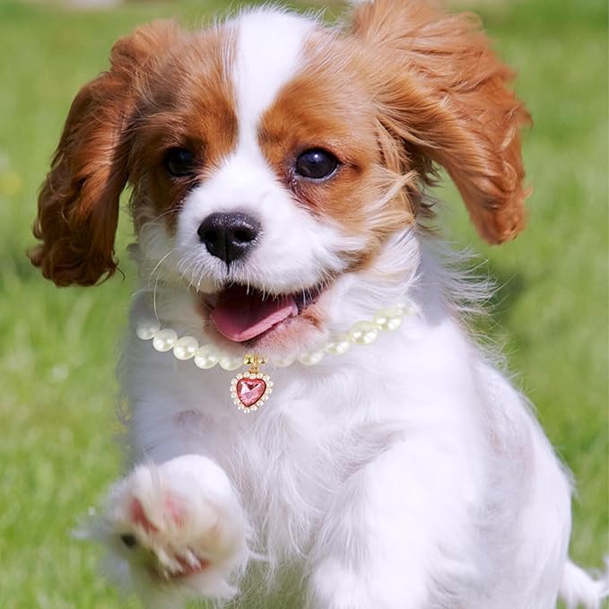 3 Pcs Pearl Cat Collar with Heart Pendant, Adjustable Dog Cats Pet Pearl Collars, Cute Pearl Necklace for Puppies and Kittens (Pink, Green and Lake Blue)