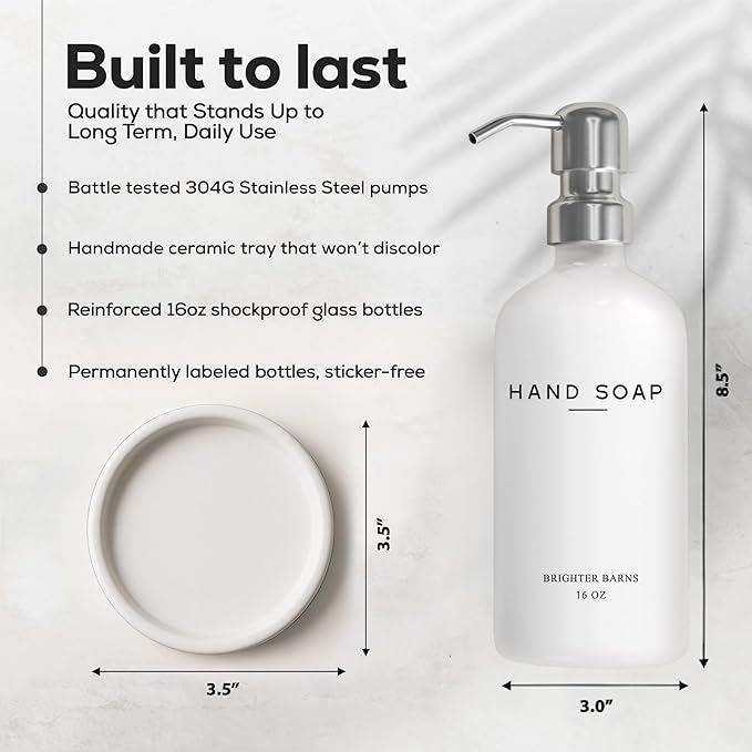 White Glass Hand Soap Dispenser Bathroom Set by Brighter Barns - Bathroom Soap Dispenser Set with Ceramic Tray - Refillable Glass Bottle Pump - Modern Home Decor for Airbnb, Hotel, Restaurants (White)